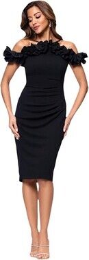 Xscape Size 4 Black Scuba Crepe Ruffle Off-Shoulder Knee Length Sheath Dress NWT